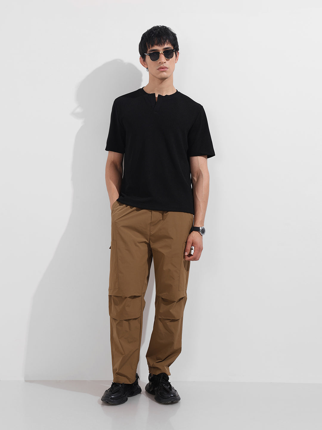 Men's Black Boxy Fit Textured Casual T-Shirt