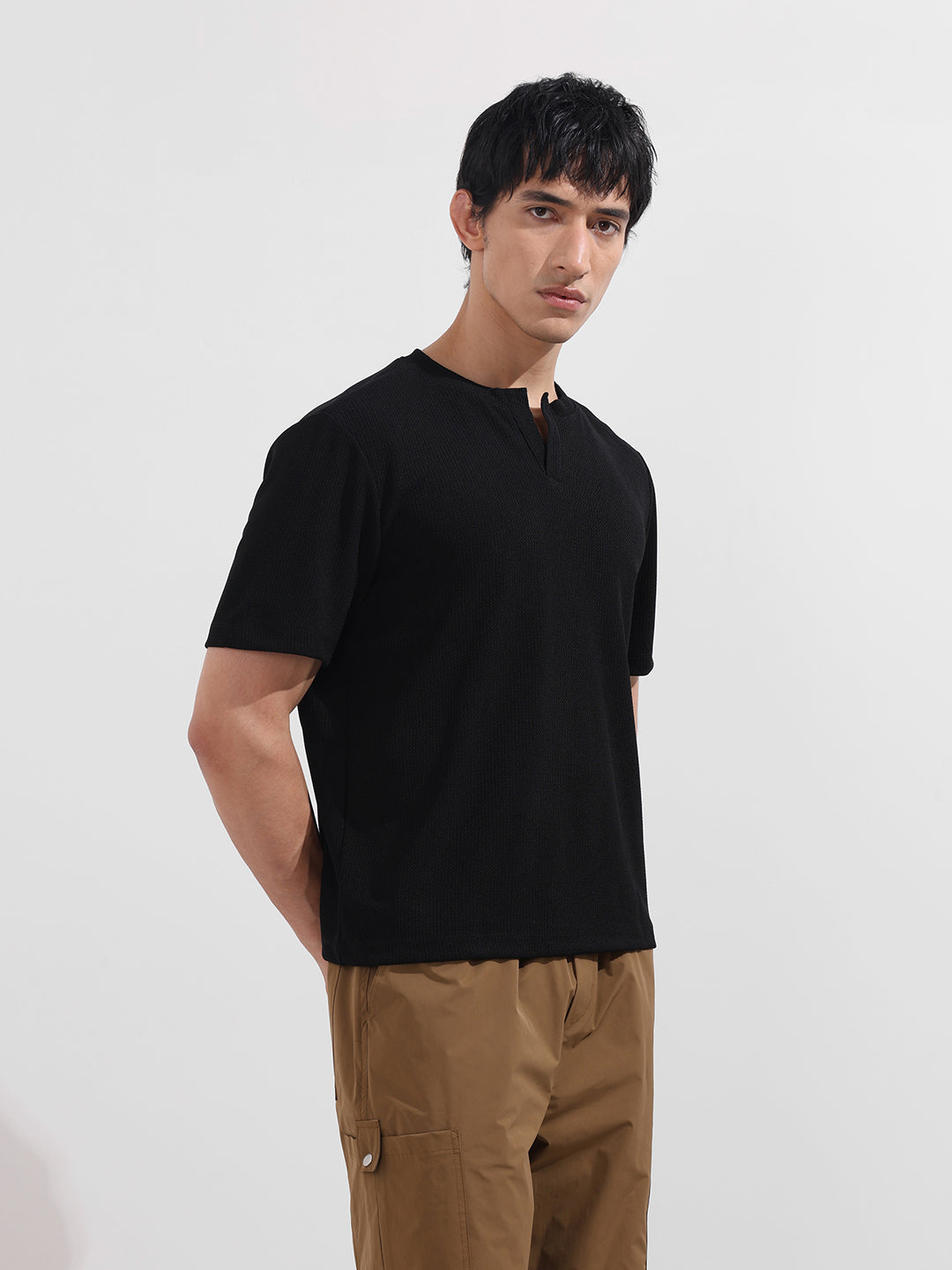 Men's Black Boxy Fit Textured Casual T-Shirt
