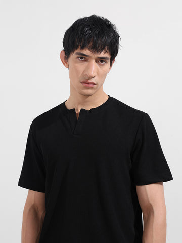Men's Black Boxy Fit Textured Casual T-Shirt