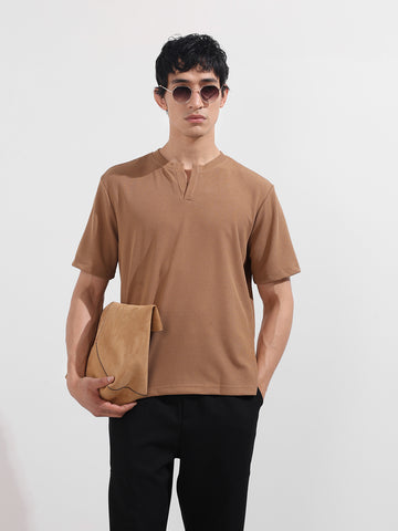 Men's Beige Boxy Fit Textured Casual T-Shirt