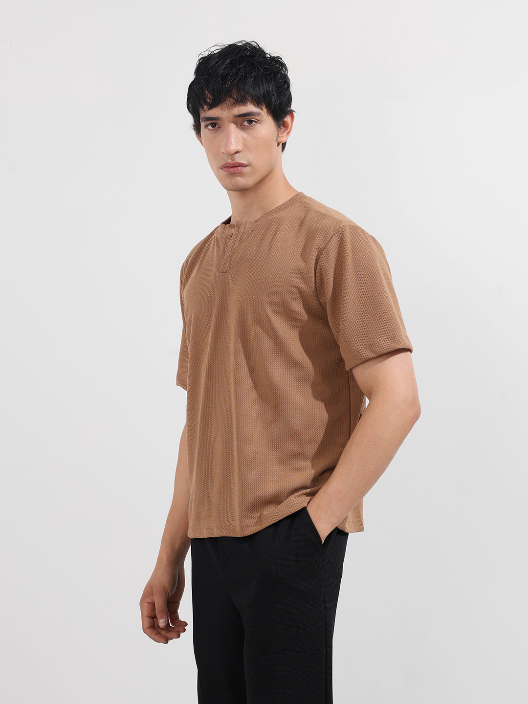 Men's Beige Boxy Fit Textured Casual T-Shirt