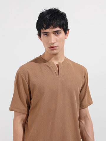 Men's Beige Boxy Fit Textured Casual T-Shirt