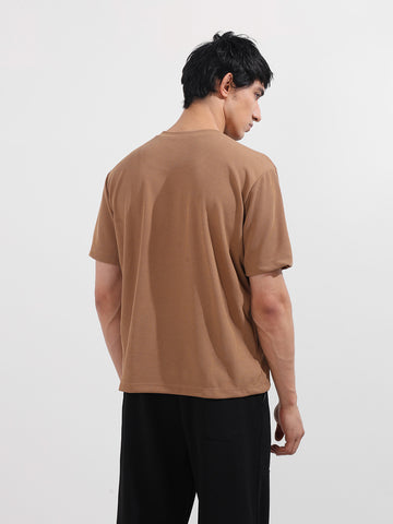 Men's Beige Boxy Fit Textured Casual T-Shirt