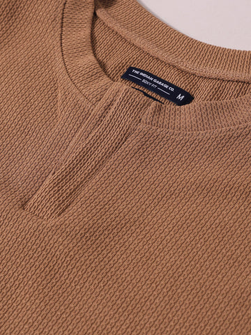 Men's Beige Boxy Fit Textured Casual T-Shirt
