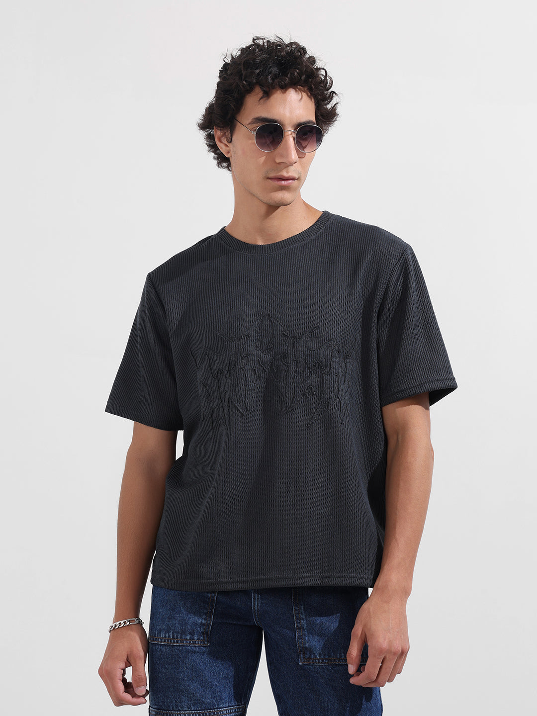 Men's Grey Boxy Fit Textured Casual T-Shirt