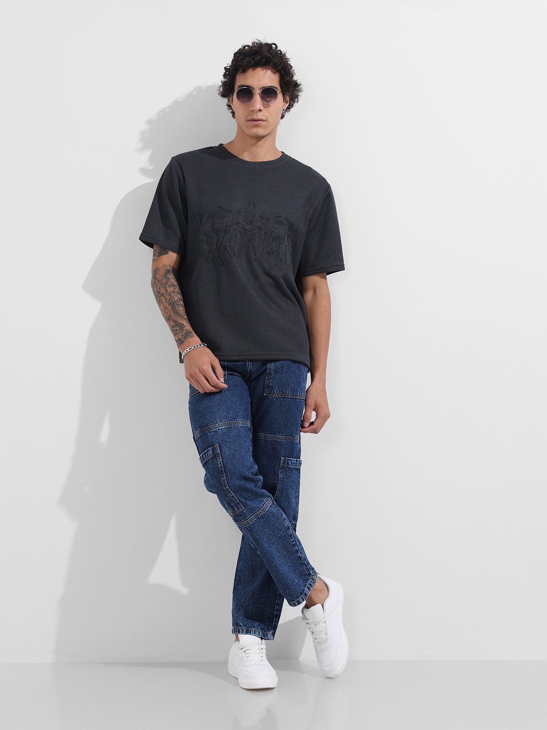 Men's Grey Boxy Fit Textured Casual T-Shirt