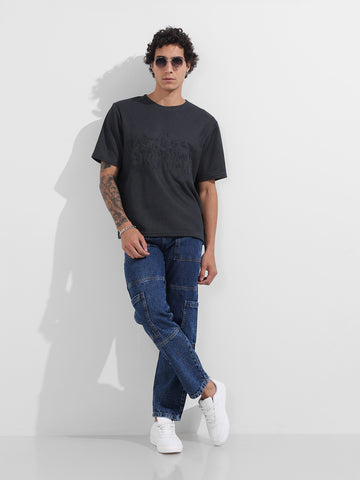 Men's Grey Boxy Fit Textured Casual T-Shirt