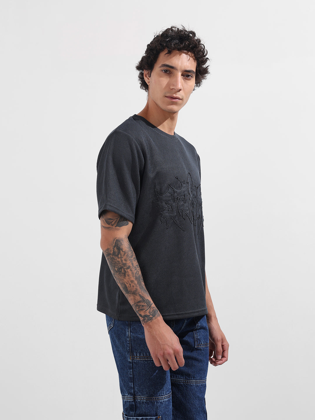 Men's Grey Boxy Fit Textured Casual T-Shirt