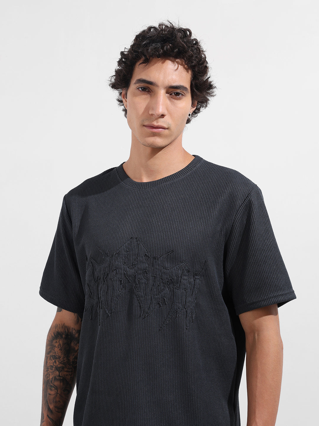 Men's Grey Boxy Fit Textured Casual T-Shirt