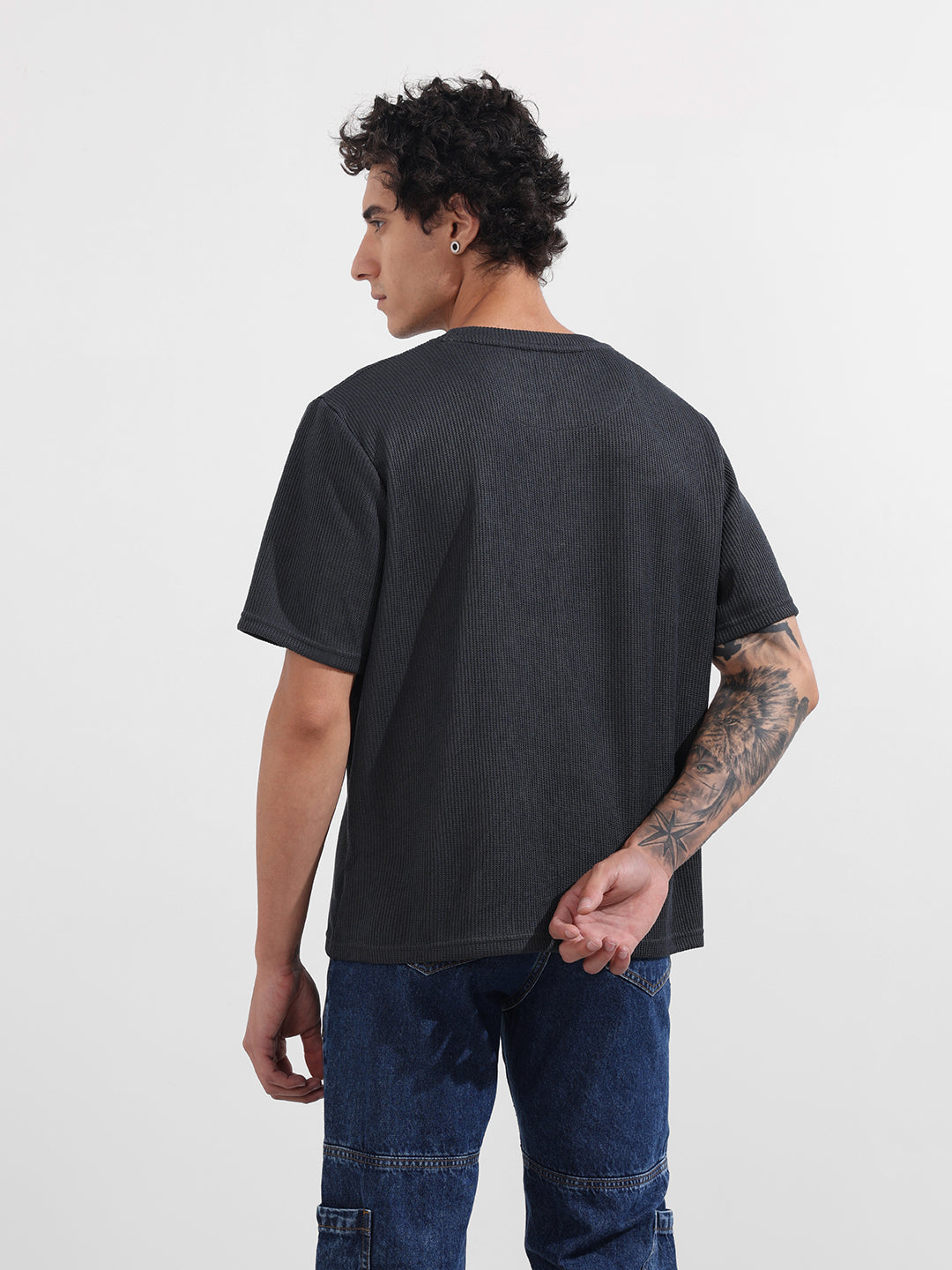 Men's Grey Boxy Fit Textured Casual T-Shirt