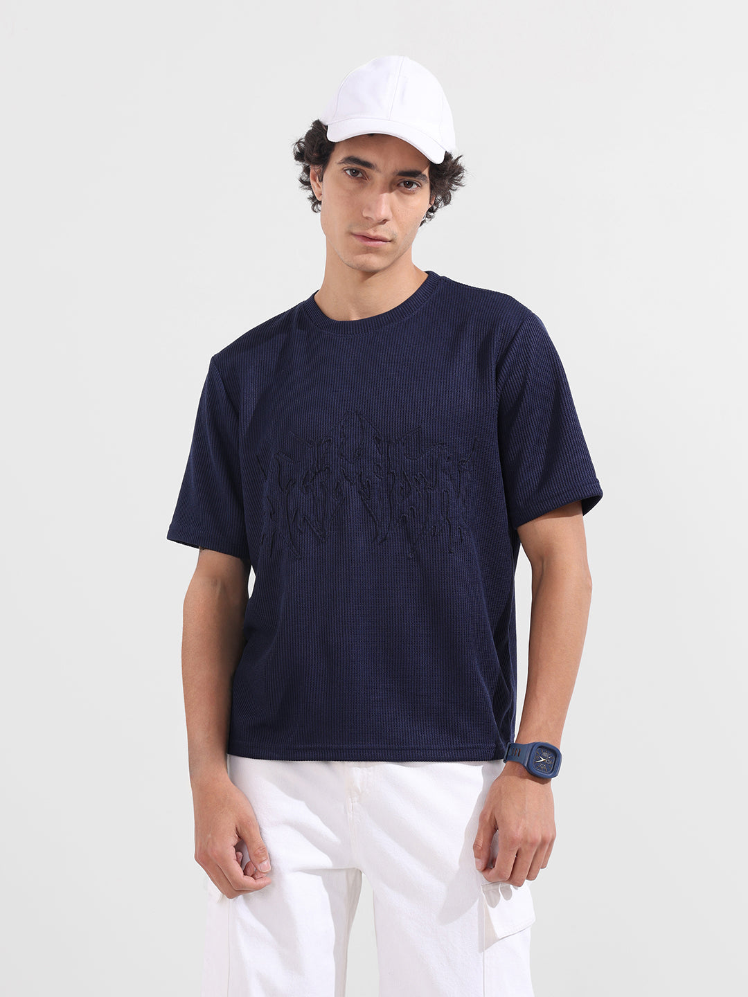Men's Blue Boxy Fit Textured Casual T-Shirt