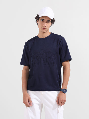 Men's Blue Boxy Fit Textured Casual T-Shirt