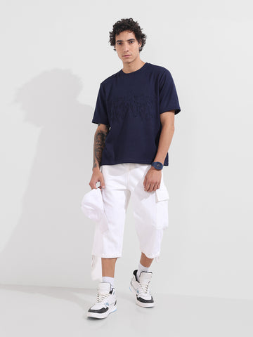 Men's Blue Boxy Fit Textured Casual T-Shirt