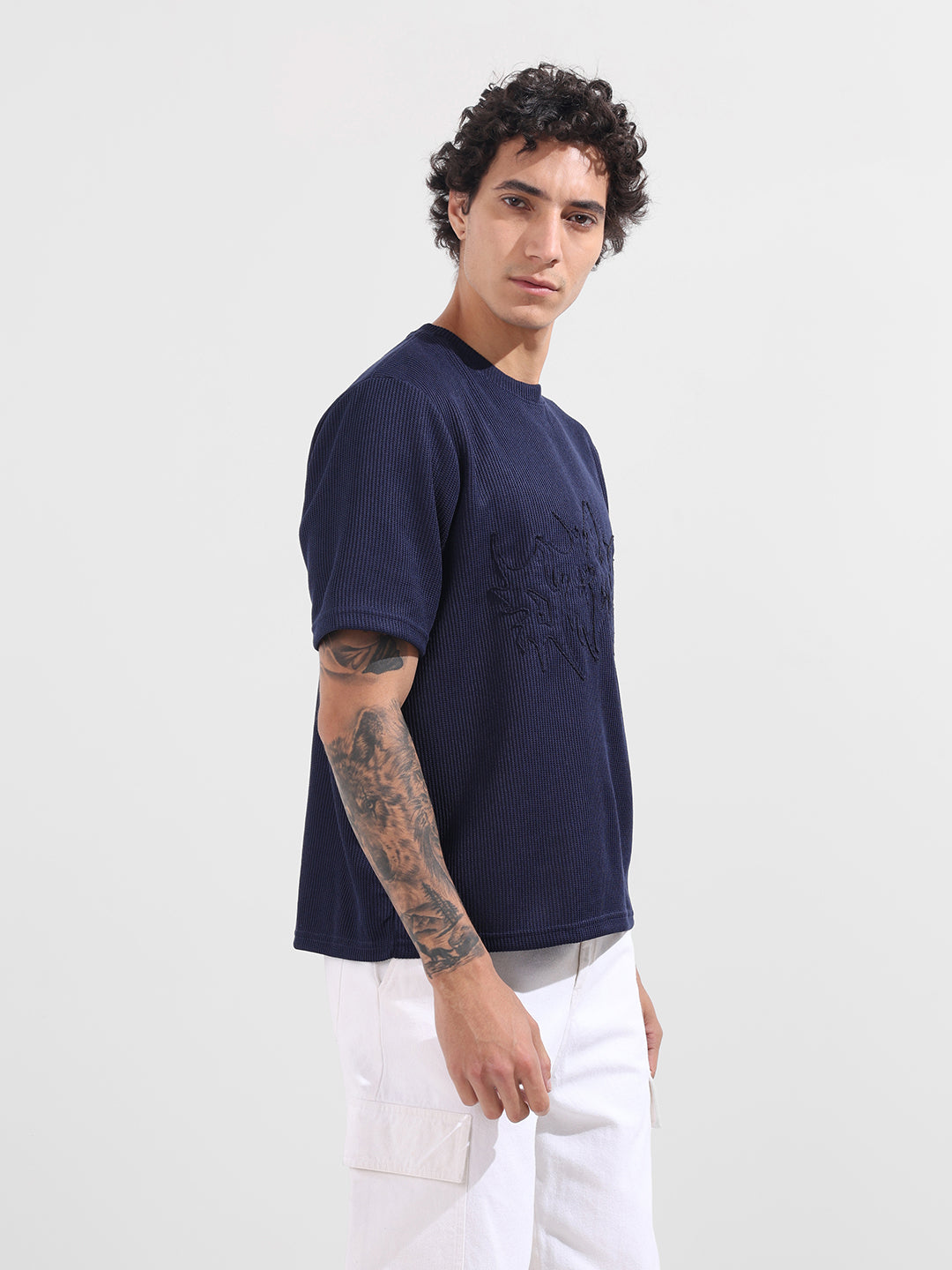 Men's Blue Boxy Fit Textured Casual T-Shirt
