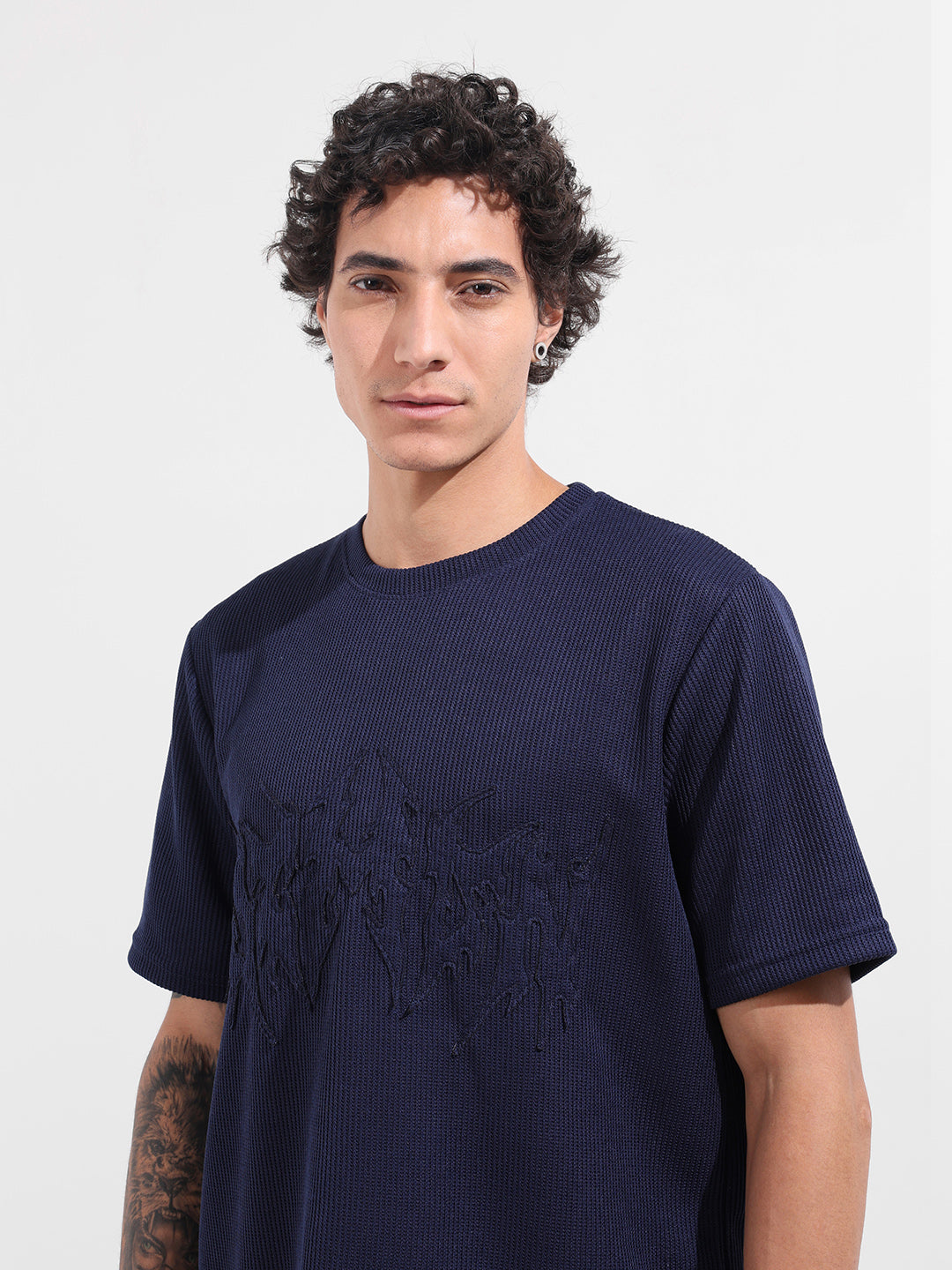 Men's Blue Boxy Fit Textured Casual T-Shirt