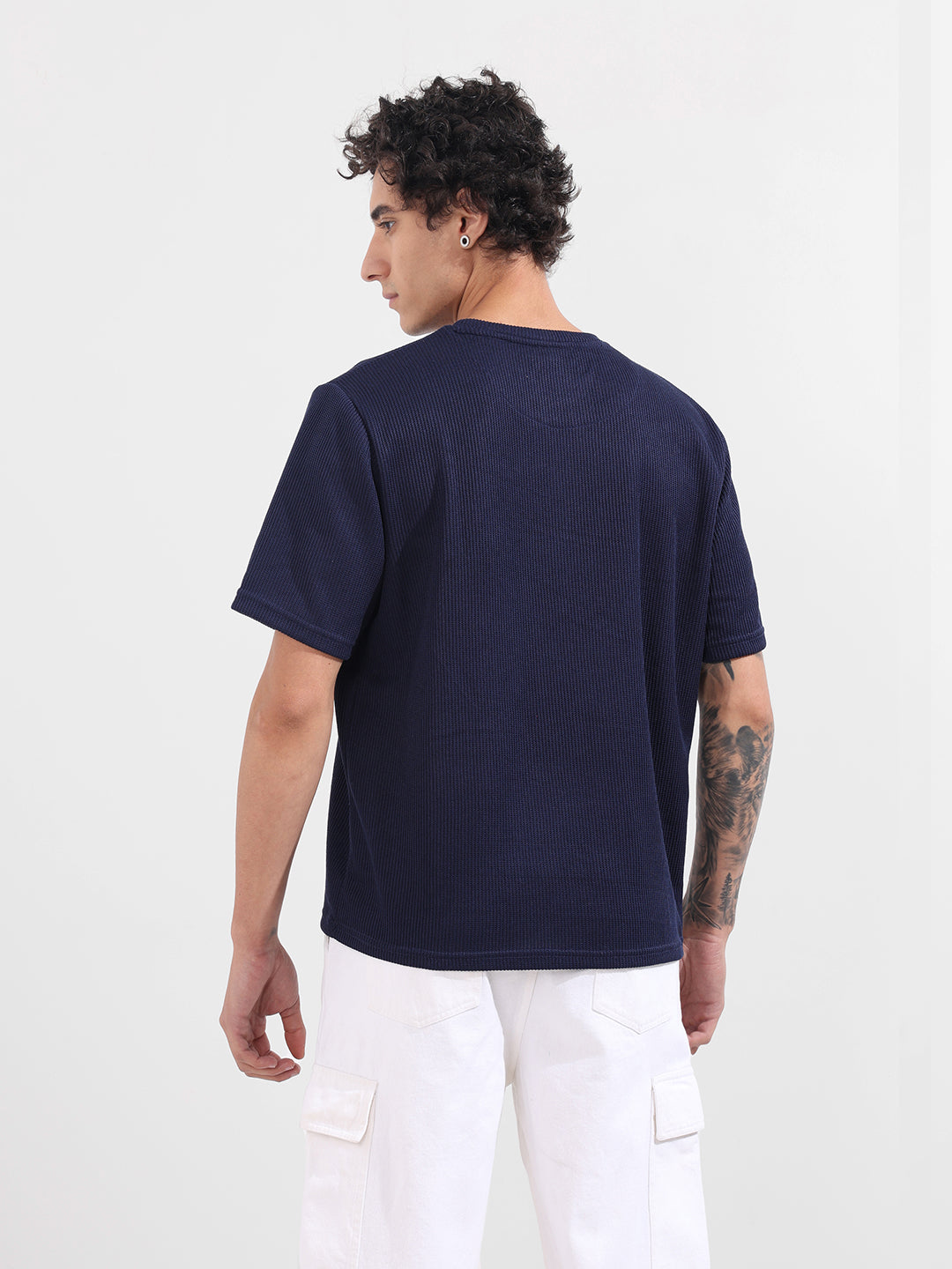 Men's Blue Boxy Fit Textured Casual T-Shirt
