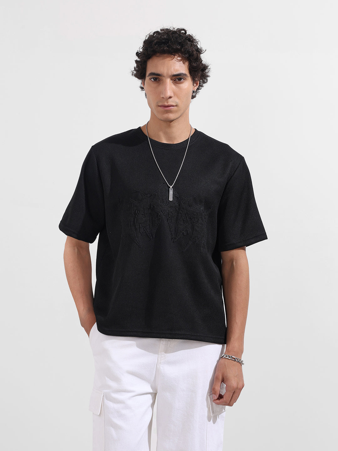 Men's Black Boxy Fit Textured Casual T-Shirt