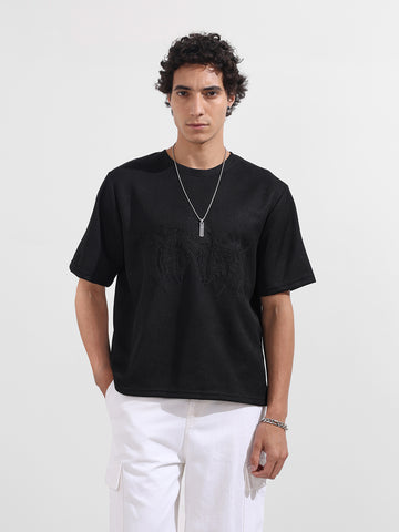 Men's Black Boxy Fit Textured Casual T-Shirt