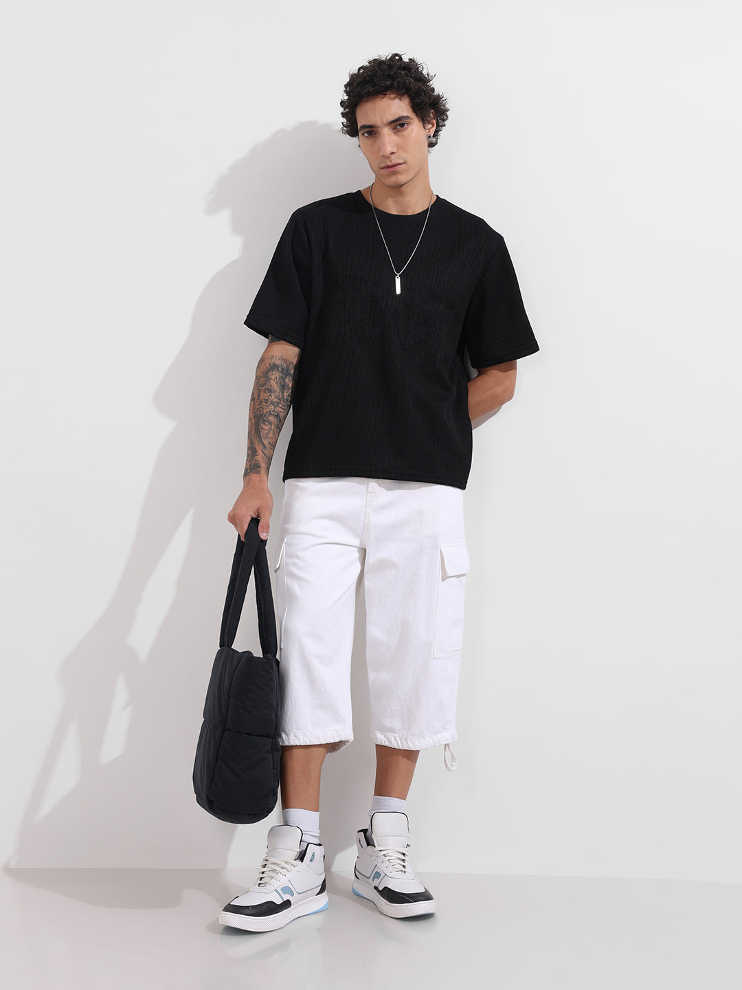 Men's Black Boxy Fit Textured Casual T-Shirt