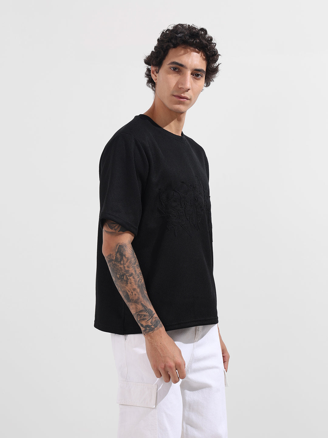 Men's Black Boxy Fit Textured Casual T-Shirt