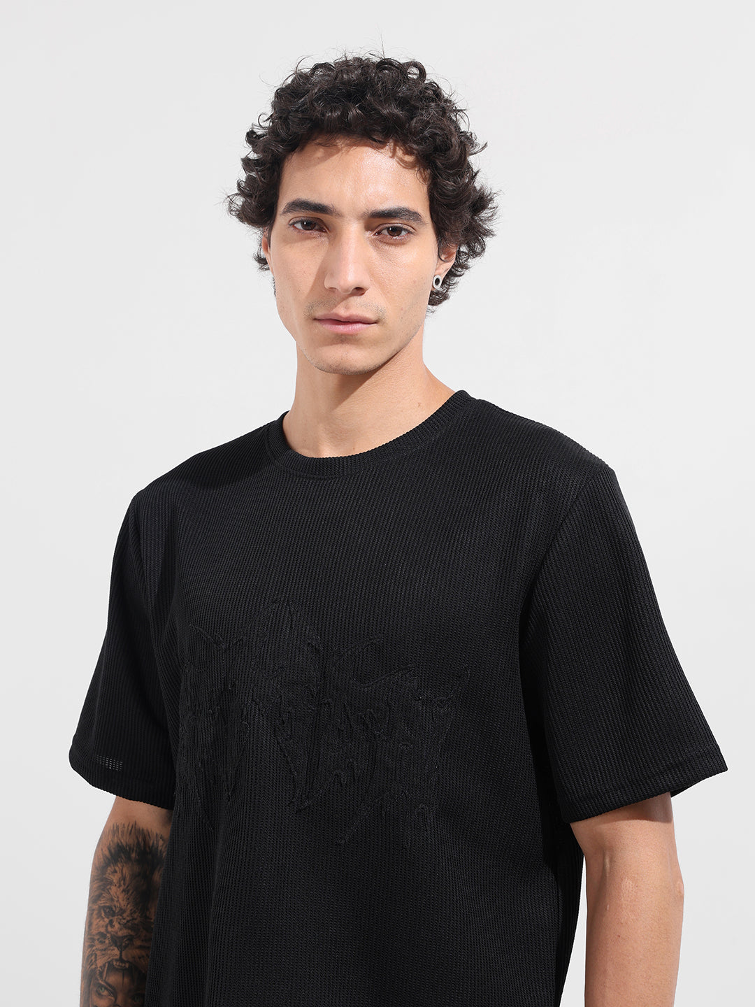 Men's Black Boxy Fit Textured Casual T-Shirt