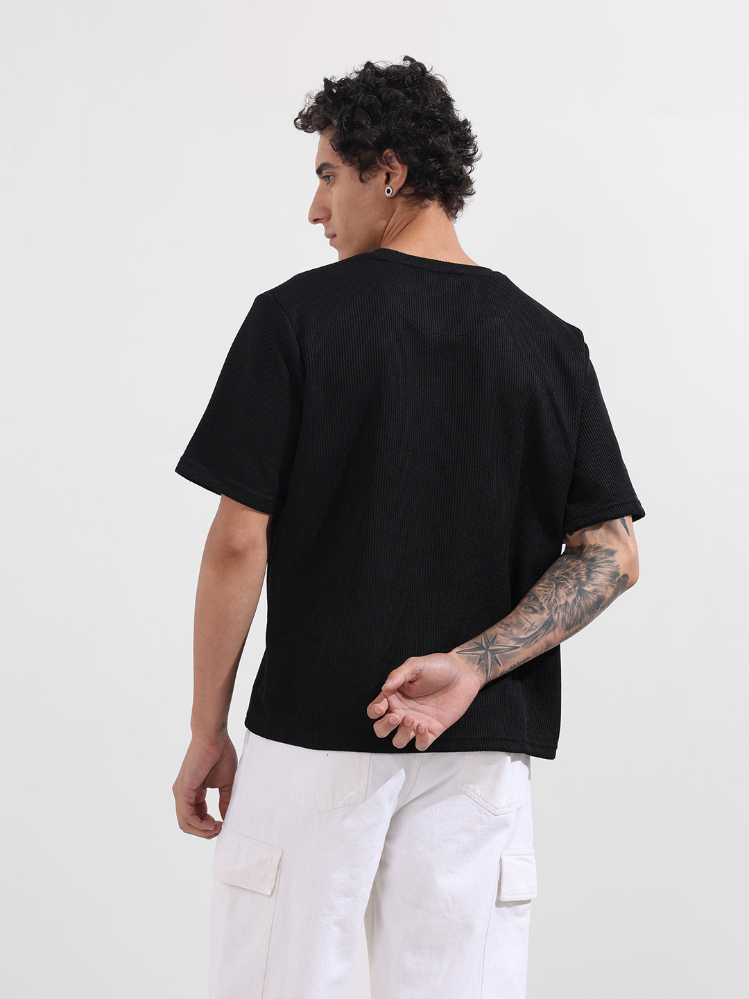 Men's Black Boxy Fit Textured Casual T-Shirt