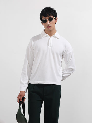 Men's White Boxy Fit Textured Casual T-Shirt