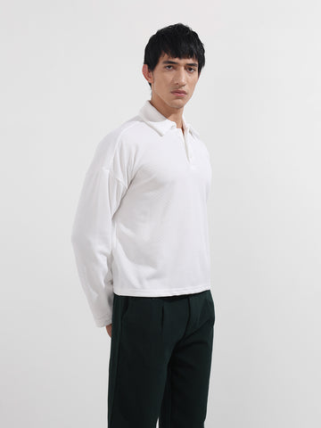 Men's White Boxy Fit Textured Casual T-Shirt