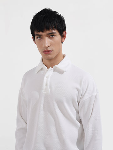 Men's White Boxy Fit Textured Casual T-Shirt