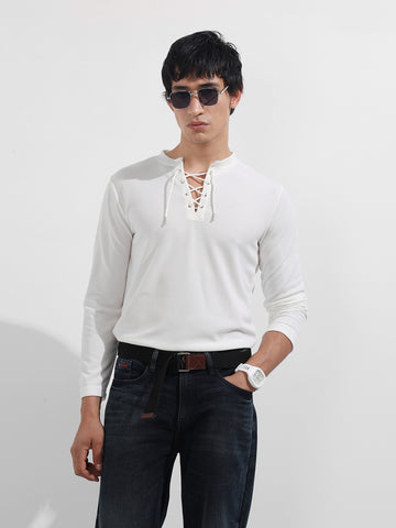 Men's White Regular Fit Textured Casual T-Shirt
