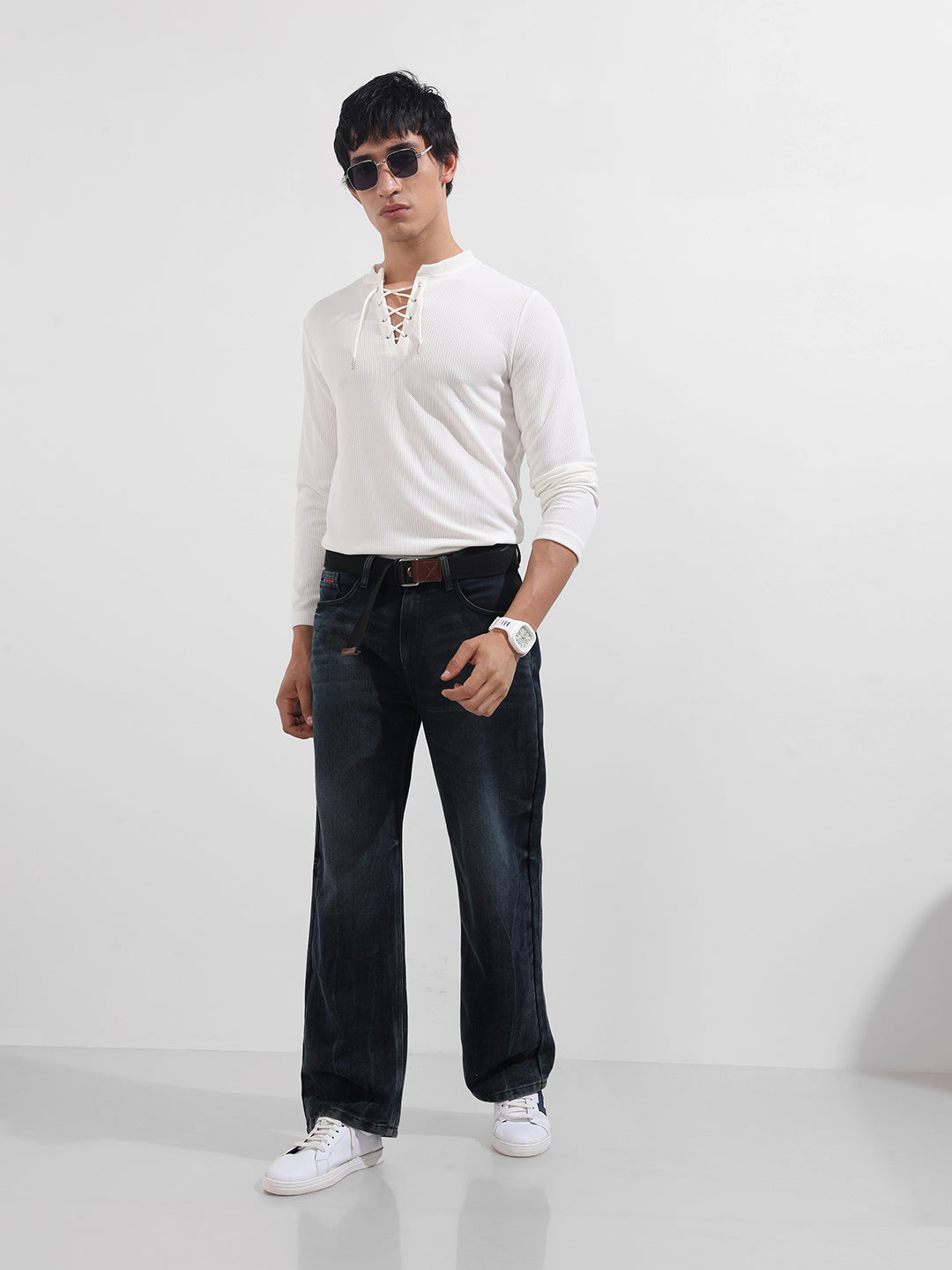 Men's White Regular Fit Textured Casual T-Shirt