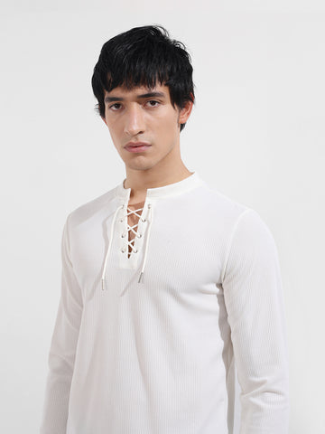 Men's White Regular Fit Textured Casual T-Shirt