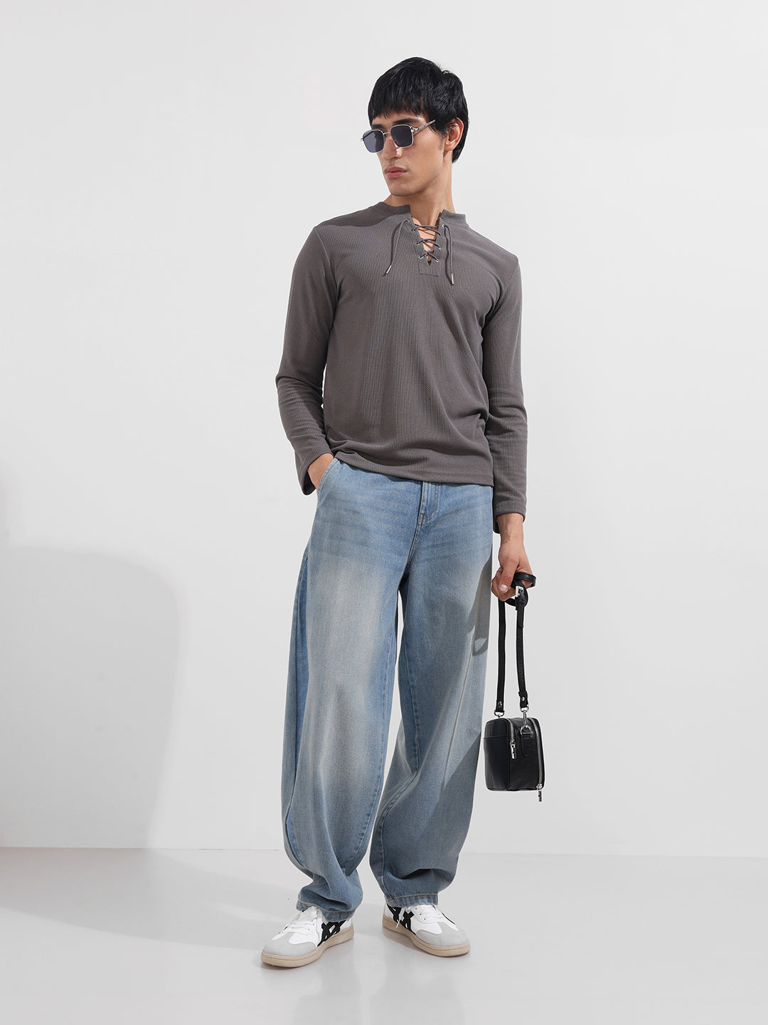 Men's Grey Regular Fit Textured Casual T-Shirt