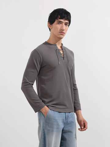 Men's Grey Regular Fit Textured Casual T-Shirt