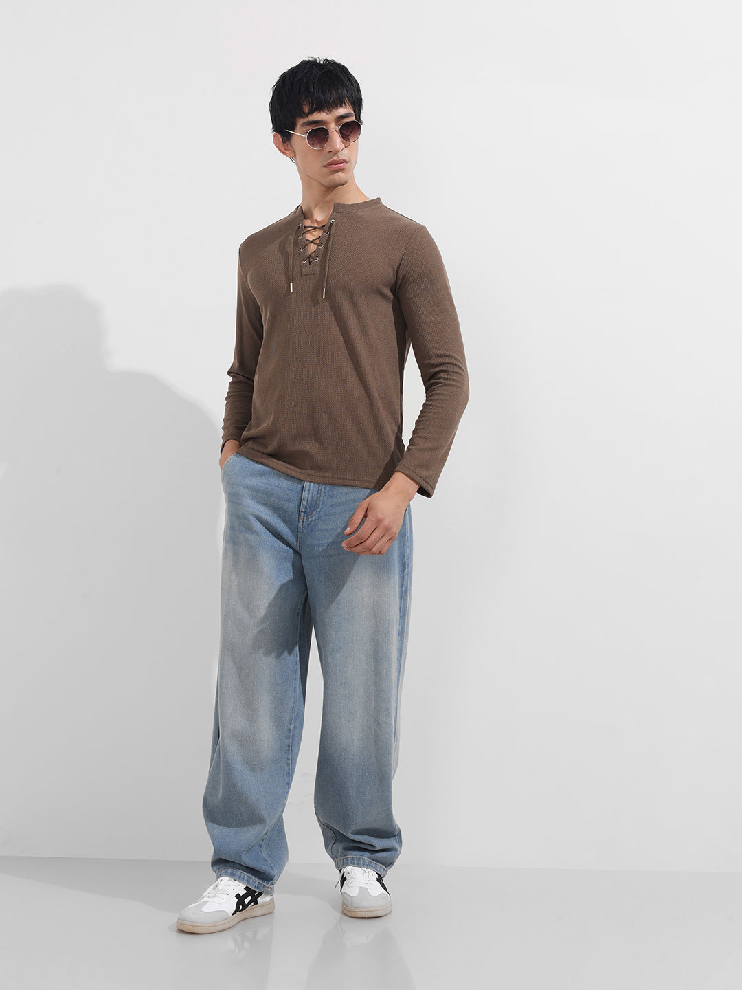 Men's Brown Regular Fit Textured Casual T-Shirt