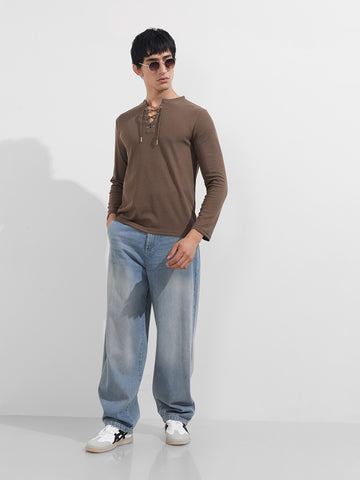 Men's Brown Regular Fit Textured Casual T-Shirt