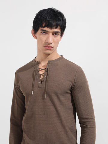 Men's Brown Regular Fit Textured Casual T-Shirt