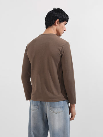 Men's Brown Regular Fit Textured Casual T-Shirt