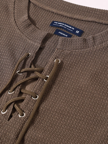 Men's Brown Regular Fit Textured Casual T-Shirt