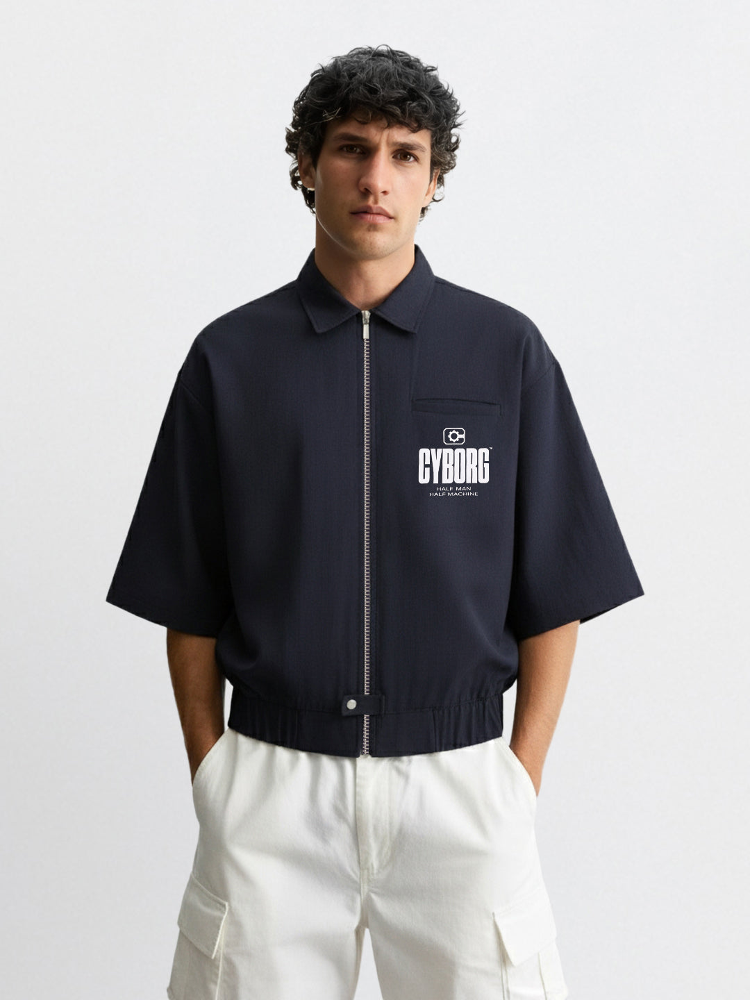 Men's Navy Blue Oversized Fit Solid Warner Bros Jacket