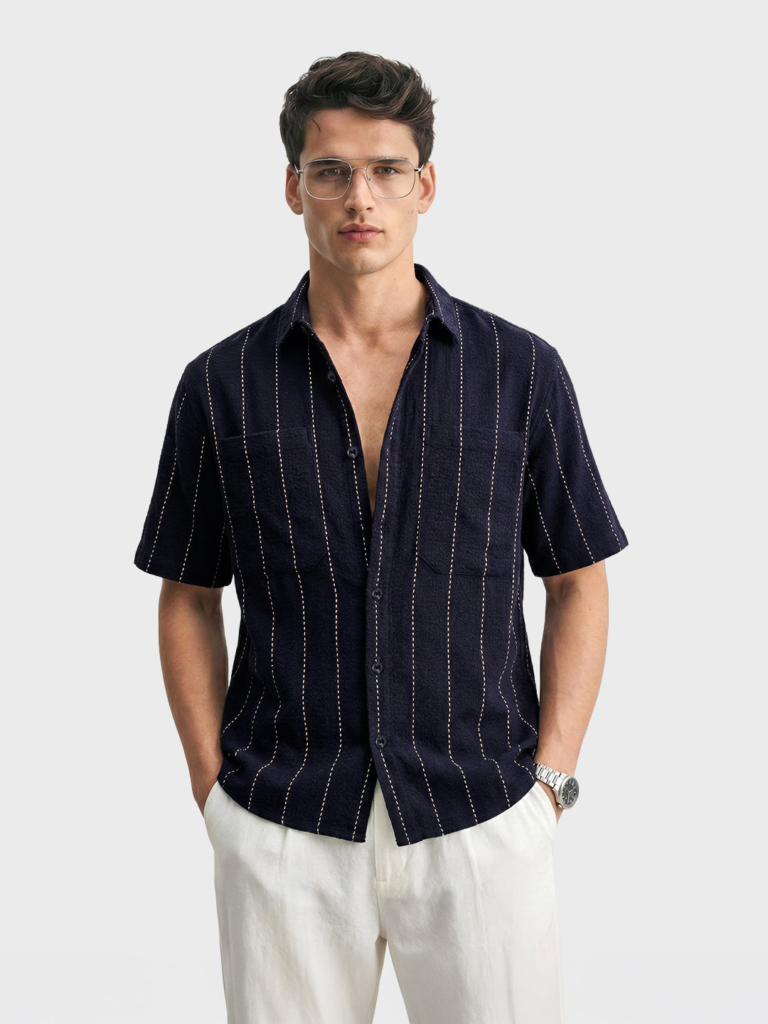 Men's Navy Blue Relaxed Fit Striped Resort Shirt