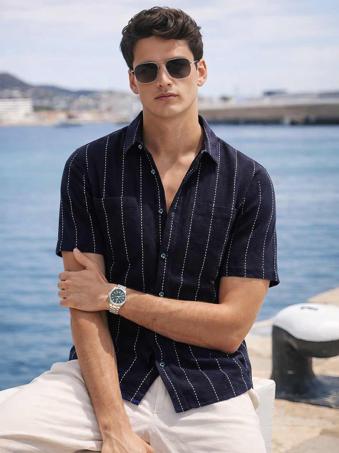 Men's Navy Blue Relaxed Fit Striped Resort Shirt
