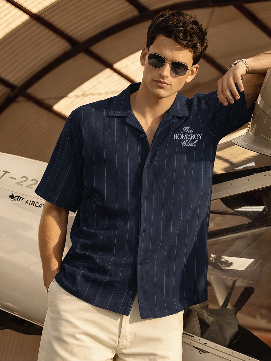 Men's Navy Blue Boxy Fit Embroided  Casual Shirt