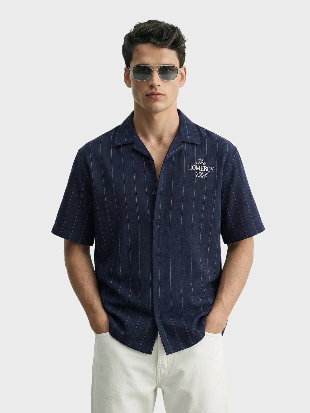 Men's Navy Blue Boxy Fit Embroided  Casual Shirt
