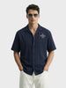 Men's Navy Blue Boxy Fit Embroided  Casual Shirt