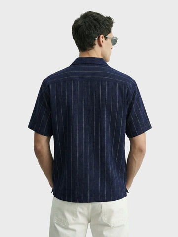 Men's Navy Blue Boxy Fit Embroided  Casual Shirt