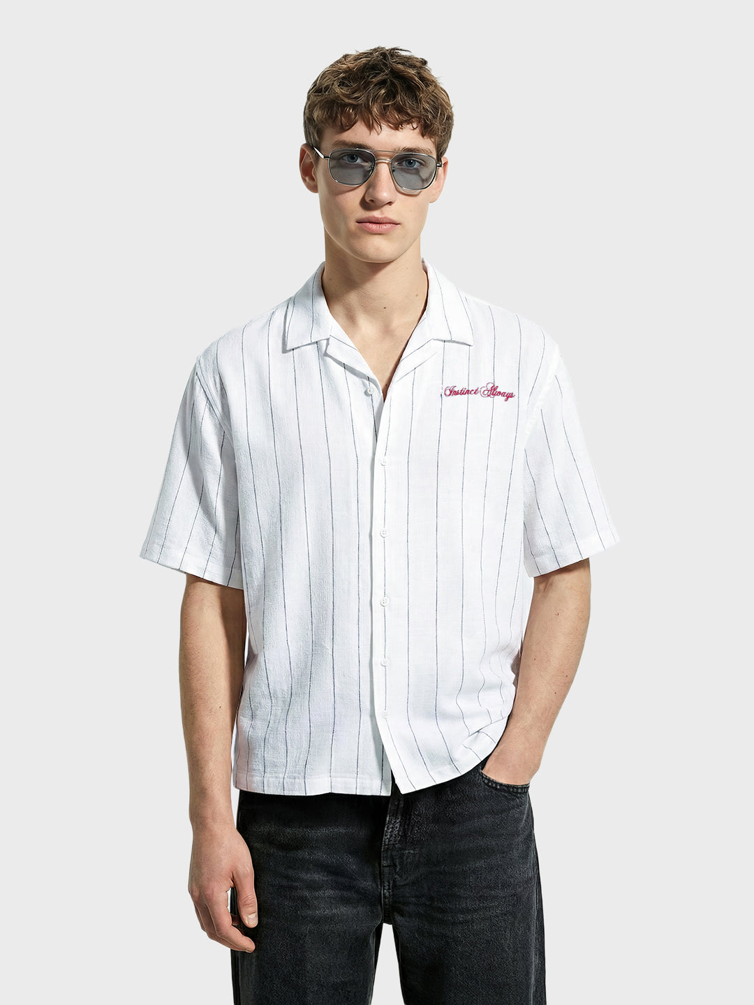 Men's White Boxy Fit Embroided  Casual Shirt
