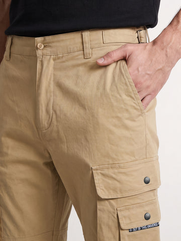 Men's Beige Relaxed Straight Fit Solid Utility Cargo