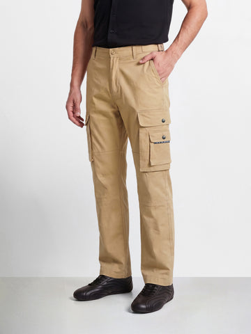 Men's Beige Relaxed Straight Fit Solid Utility Cargo