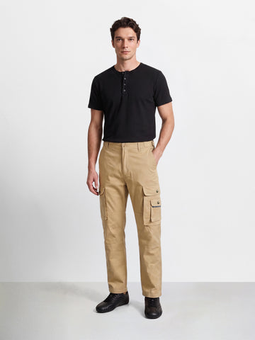 Men's Beige Relaxed Straight Fit Solid Utility Cargo